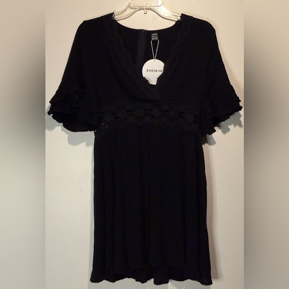 Shein NWT Vcay Black Lace Detail Ruffle Sleeves Swim Suit Coverup- Size L